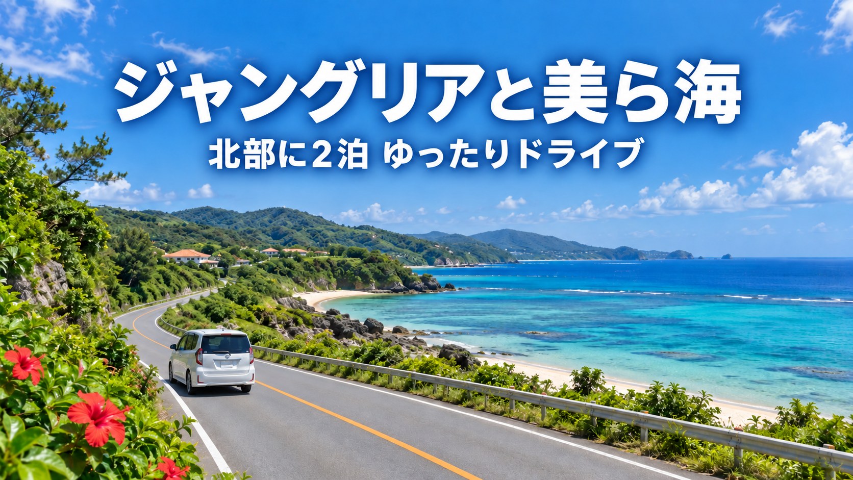 沖縄北部の海沿いをレンタカーで走るイメージ（AI生成）
